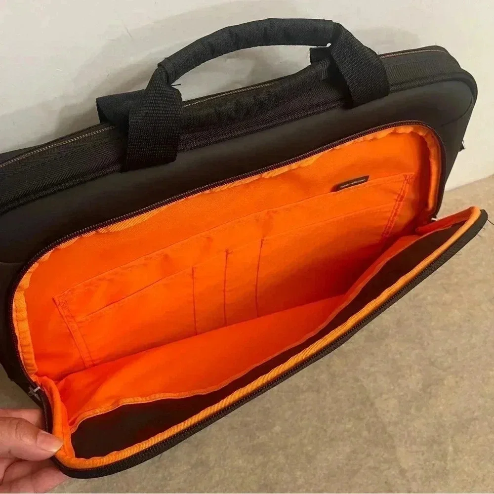 Solo Ace Slim Brief Laptop Briefcase Messenger Bag Black Orange Adjustable Strap